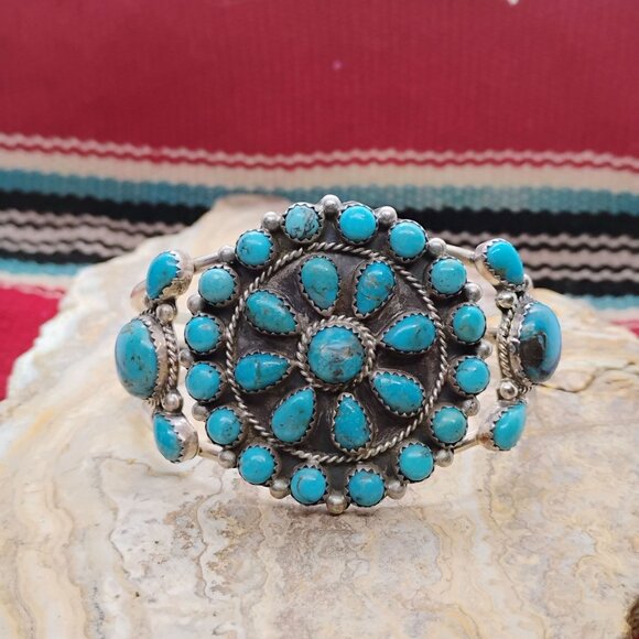 Native Navajo Running Bear Sterling Silver Turquoise Cluster Cuff Bracelet 37.4g - Picture 3 of 12